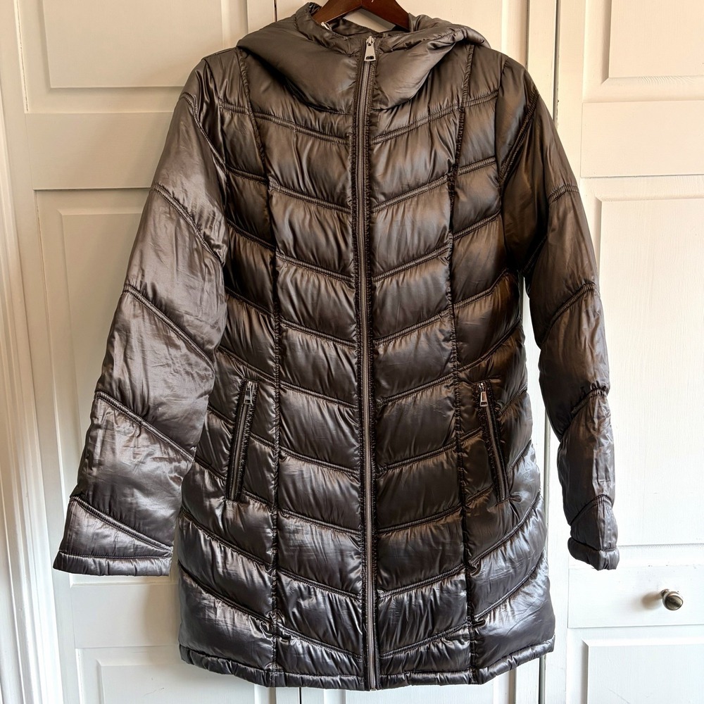 Calvin Klein Coat Womens Medium Silver Hooded Packable Down Puffer Chevron Quilt